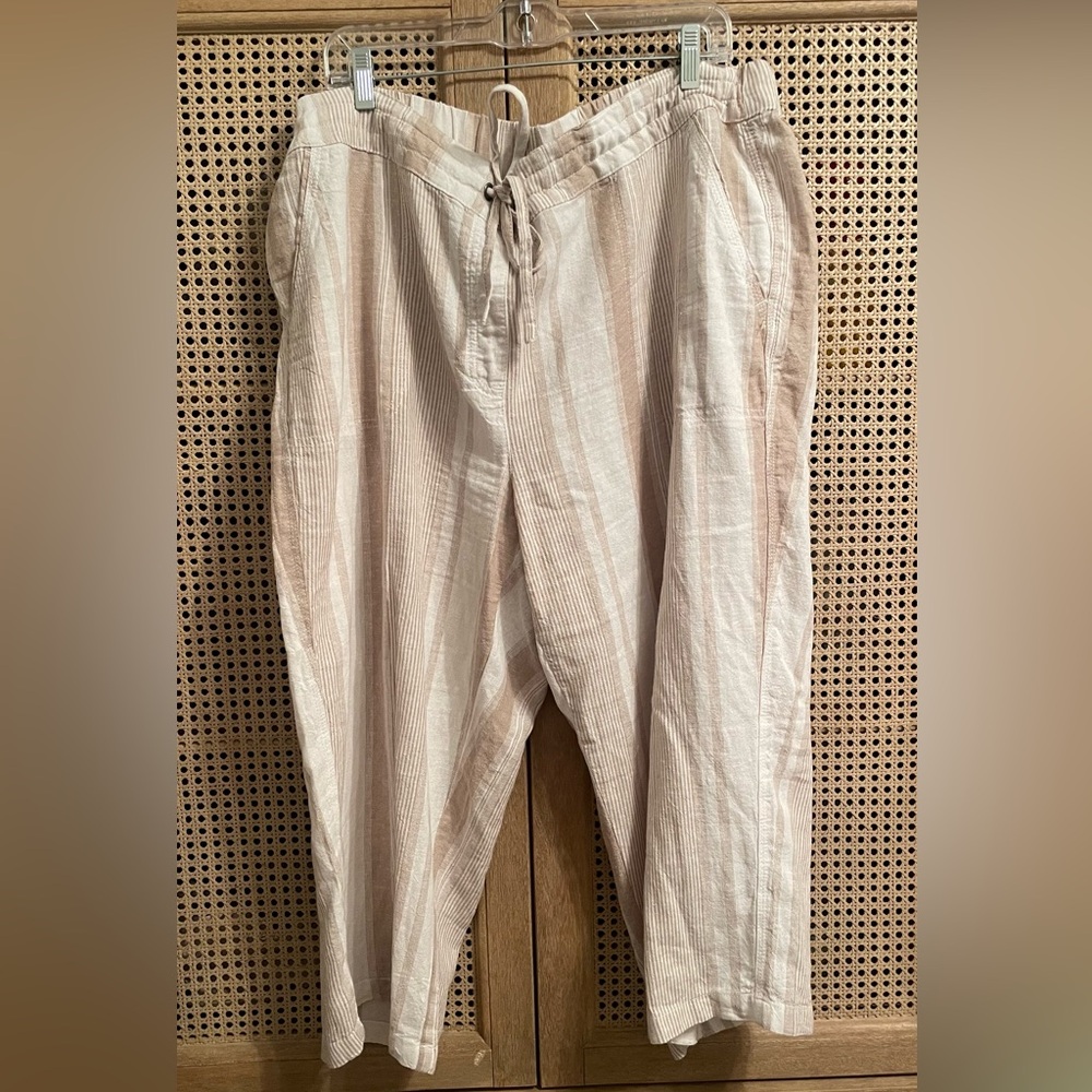 Per Se Womens  2X Linen Blend Wide Leg Cropped Pants Striped Drawstring